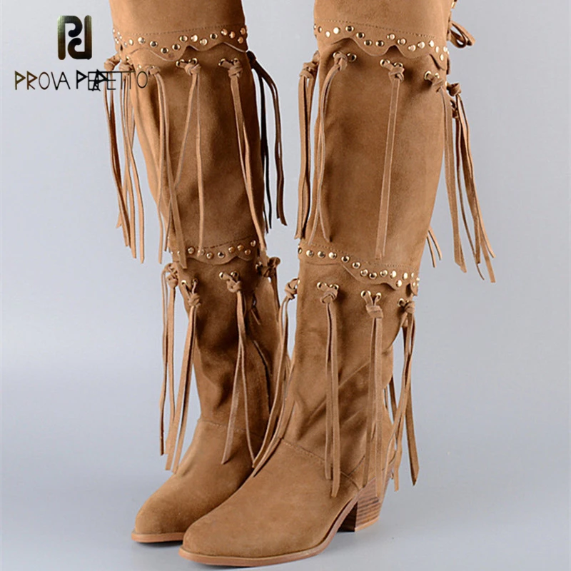 Prova Perfetto High Quality Suede Leather Fringe Rivet Women Knight Boots Fashion Back Lace Up Chunky Heels Over The Knee Boots prova perfetto winter plush in warm boots suede leather bling fringe design over the knee boot solid spike heels knight shoes