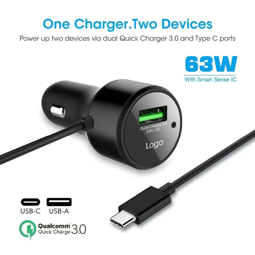 

63W Power Adapter Cable TO USB-C PD 45W QC3.0 18W Fast Car Charge with USB for XIAOMI iPhone iPad Huawei Samsung port laptop