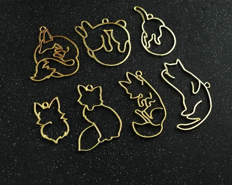 5 шт./партия, волшебная подвеска на металлическом каркасе в форме лисы, кошки, Золотой шарм, установка кабошона, УФ-Амулет из смолы