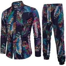 Colorful Print Male Vacation Suit Long Sleeve Man Pants And Shirts Party Set 2019 New Tracksuits 5XL High Quality Linen Clothing