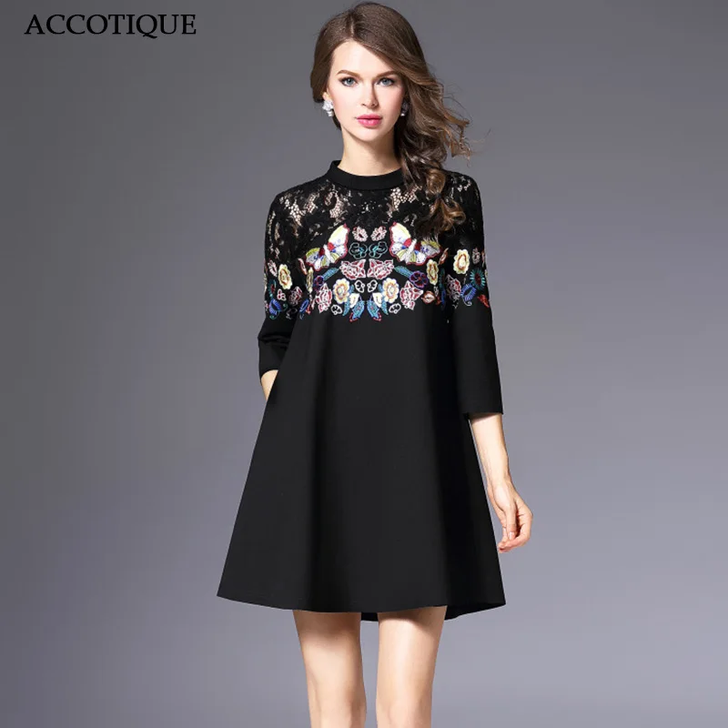

High Quality Women's Spring Autumn Butterfly Print Short Dress Lady Black Lace Embroidery Elegant Plus Size Slim A-line Dresses