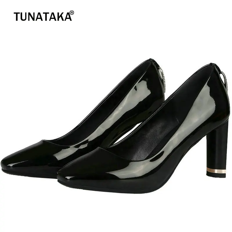 

Fahsion Square Toe High Heels Women's Sexy Patent Leather Square Heels Pumps Slip On Party Dress Shoes Red Black