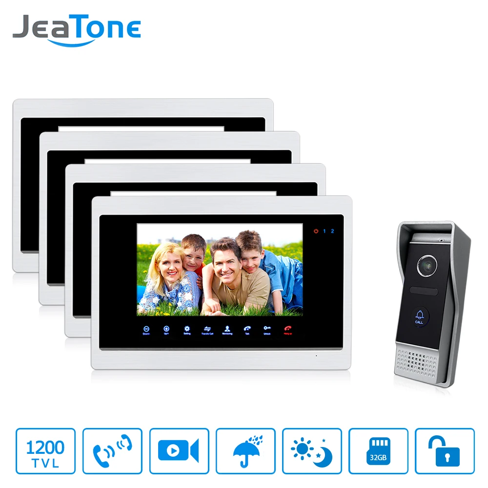 JeaTone 7 HD Color Video Door Home Phone Intercom Multi Languages Monitor4 1 Camera 1200TVL