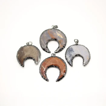 

Wholesale Gunmetal Plated Rough Natural Jas per Double Horn Pendant Colorful Stone Moon Handmade Crescent Pendants For Jewelry