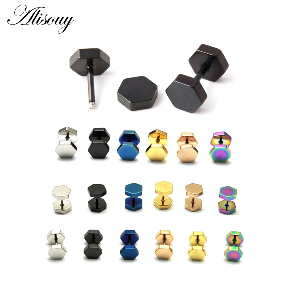 Double Hexagon Studs Earrings Men Punk Ear Piercing Earrings Stud Jewelry Stainless Steel