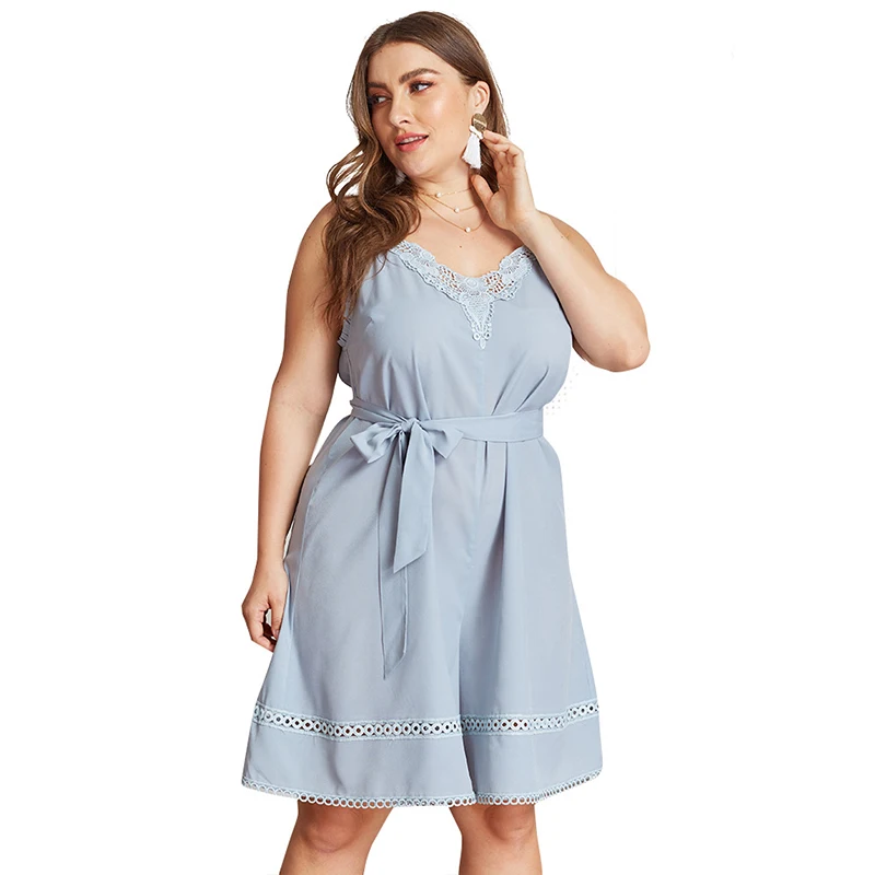 

Plus Size 3XL 4XL Playsuits Lace V-Neck Blue Sexy Strap Female Rompers Lacing Sleeveless Summer Sashes Playsuits Women Bodysuits