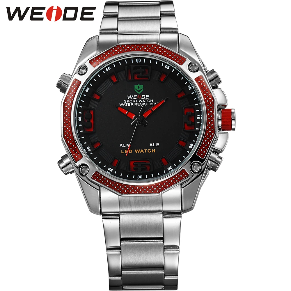 

WEIDE Popular Brand LED Sport Watch Men Analog Digital 30m Waterproof Stainless Steel Quartz Movement Black Dial Wristwatches