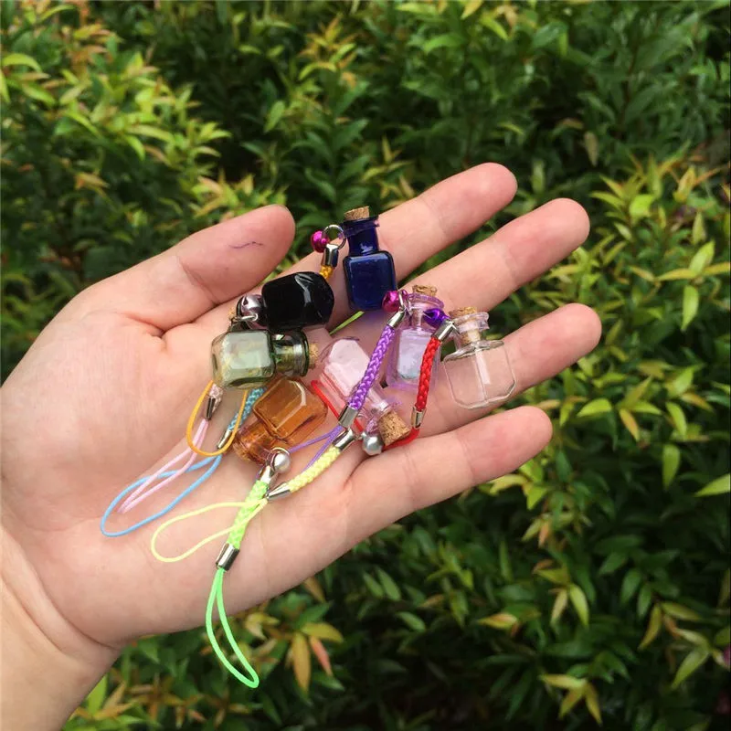 Glass Bottles Charms Rectangle Shape Mini Bell Bracelets Bottles Key Chains Jars Glass Charms Bottles Favor Mixed Colors (6)