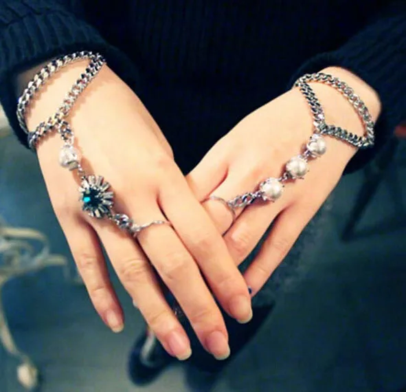 

Women Green Crystal Flower Simulated Pearl Statement Bracelet Finger Hand Chain Harness Jewelry 2 Style Choose