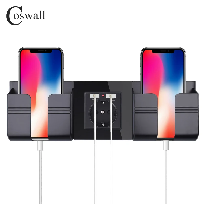 COSWALL, двойной usb порт для зарядки, 16А, настенная розетка для ЕС, России, розетка, стеклянная панель, панель для ПК, черный цвет