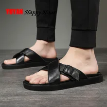 Черные босоножки Для мужчин; летние туфли из натуральной кожи Для мужчин; тапочки на нескользящей подошве для Повседневное мужские пляжные сандалии на плоской подошве; мужские тапочки KA1241