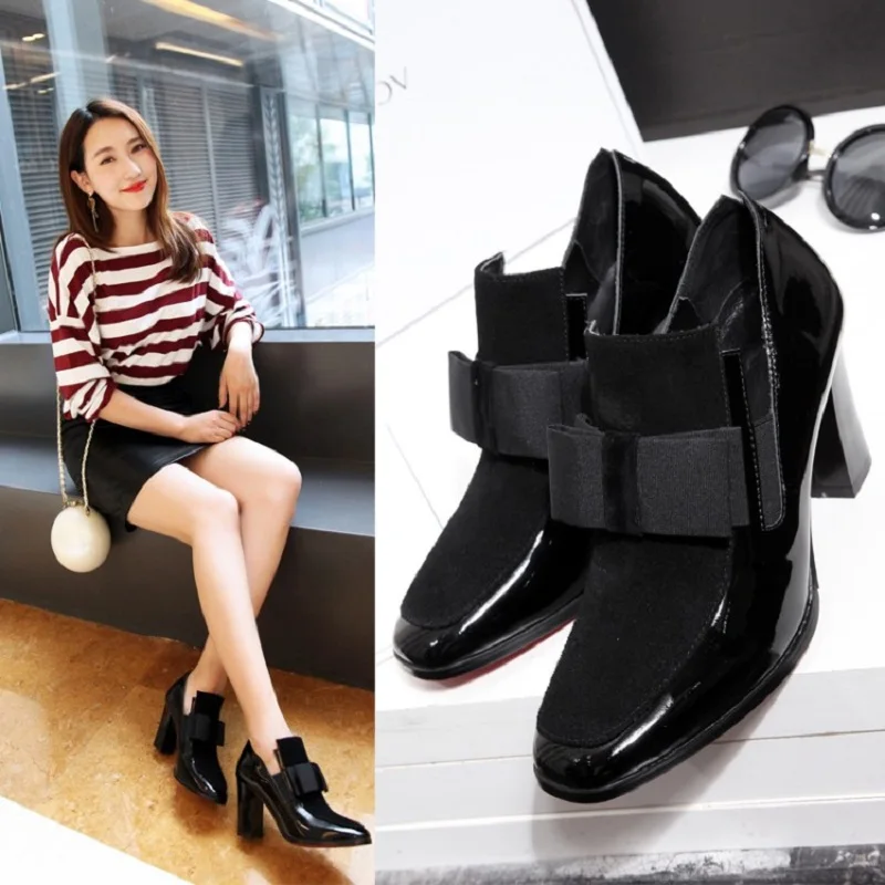 

2018 spring and autumn new first layer of large high-heeled women's shoes with thick leather patent leather shoes bow