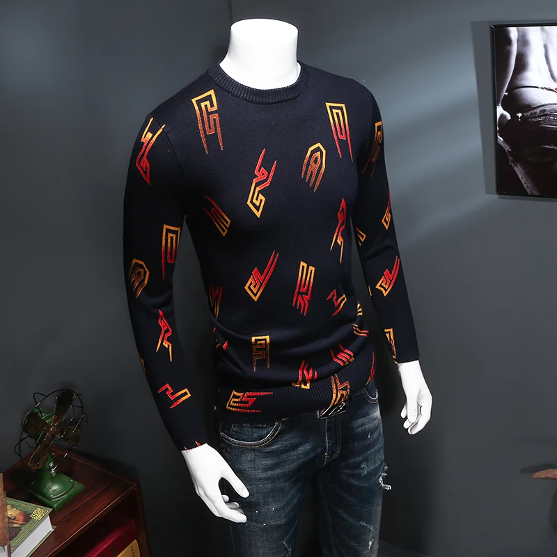Зима новая стильная мужская одежда толстый модный мужской свитер с круглым вырезом геометрический узор