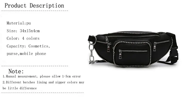 LJT Luxury Design Women PU Leather Waist Bag Female Rivet Casual Fanny Packs Belt Bag Handbag and Purse Female Mini Chest Bags