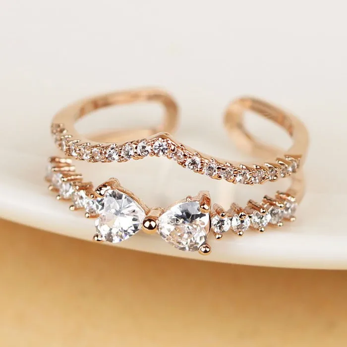 Модное циркониевое Золотое v-образное кольцо, Двухслойное женское ювелирное изделие, новинка, милый нежный подарок
