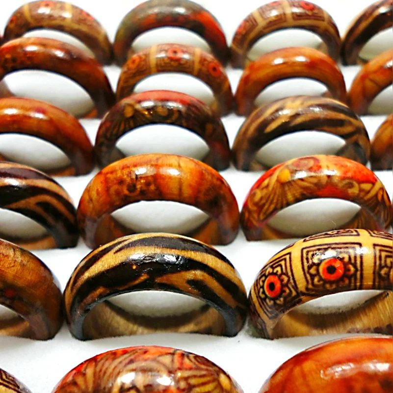 50Pcs Fashion Wooden Finger Rings For Women & Men Wood Leopard Mixed Pattern Jewelry Bulks Lots Women Mens Christmas Gift LB001 4
