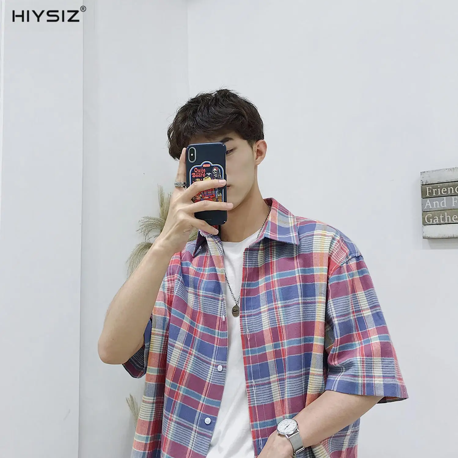 

HIYSIZ NEW Men Shirts 2019 Plaid short-sleeved shirt Korea style trend casual fashion streetwear handsome men shirt summer ST431