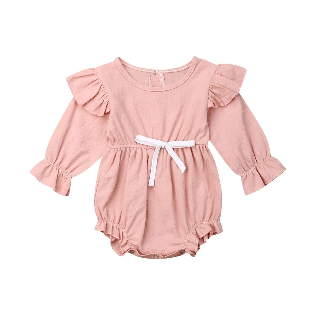 

2019 Lovely Infant Kids Baby Girl Ruffles Bodysuits Cotton Bow Jumpsuit Solid Long Puff Sleeve O-Neck Baby Girl Playsuits 0-24M