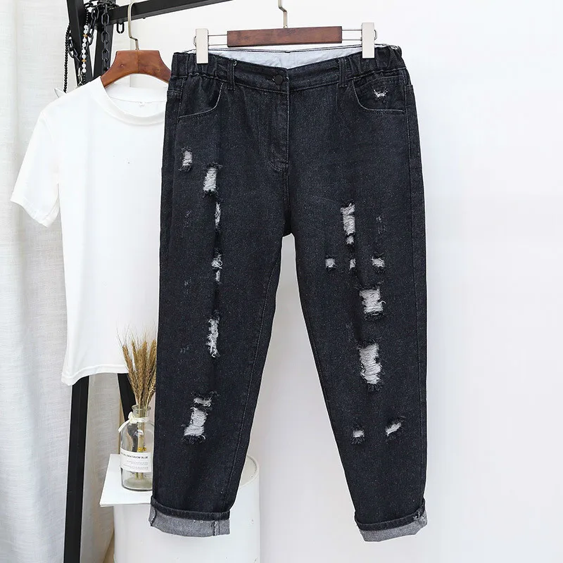 

Boyfriend Jeans For Women High Waist Mom Jeans Plus Size 5 XL Feminino Ripped Hole Harem Denim Pants