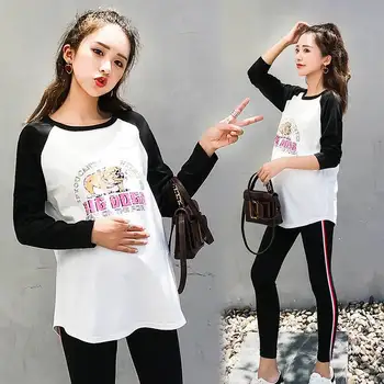 

2018 new pregnant women autumn splicing cotton cartoon printing two-piece tide mom casual suit