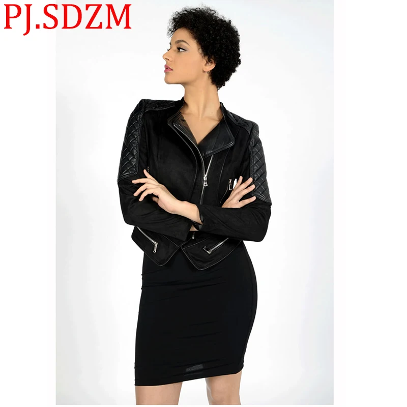 

Europe Women Leather Jackets Black Casual Suede Fur Clothing Ladies Short Handsome Slim Zipper Outwear Turn-down Collar Coats