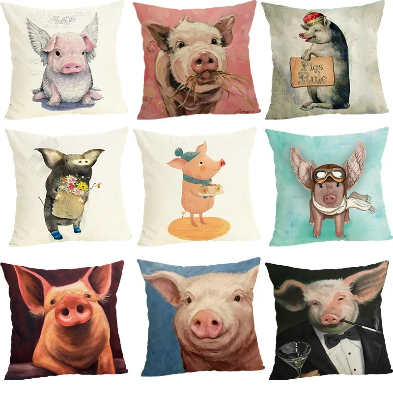 

45x45 Pig Home Decoration Chair Cushion Cover Soft Pillow Case Cojines Almofadas Cotton Linen Square