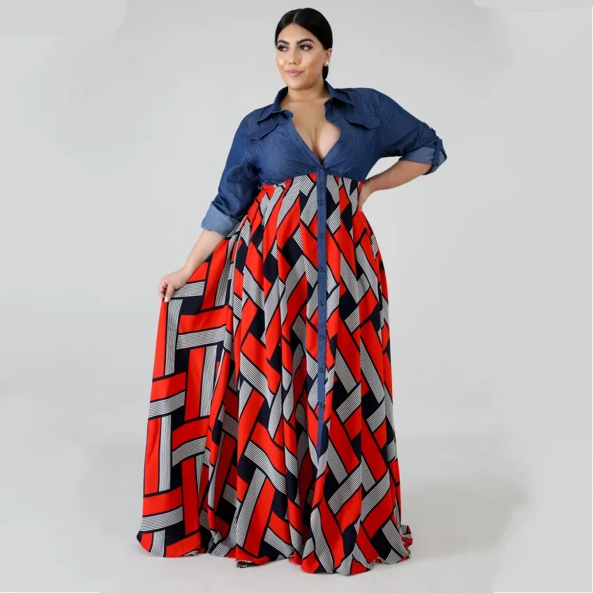 3XL 4XL Plus Size Africa Clothing Trendy Stripe Printed Long Sleeve Maxi Dress Women Autumn Robe Lo