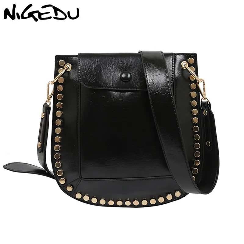 

NIGEDU Vintage Women Saddle Bag Famous Brand Rivet Crossbody Bag for Female Wide strap Shoulder Bag PU Leather ladies Handbags