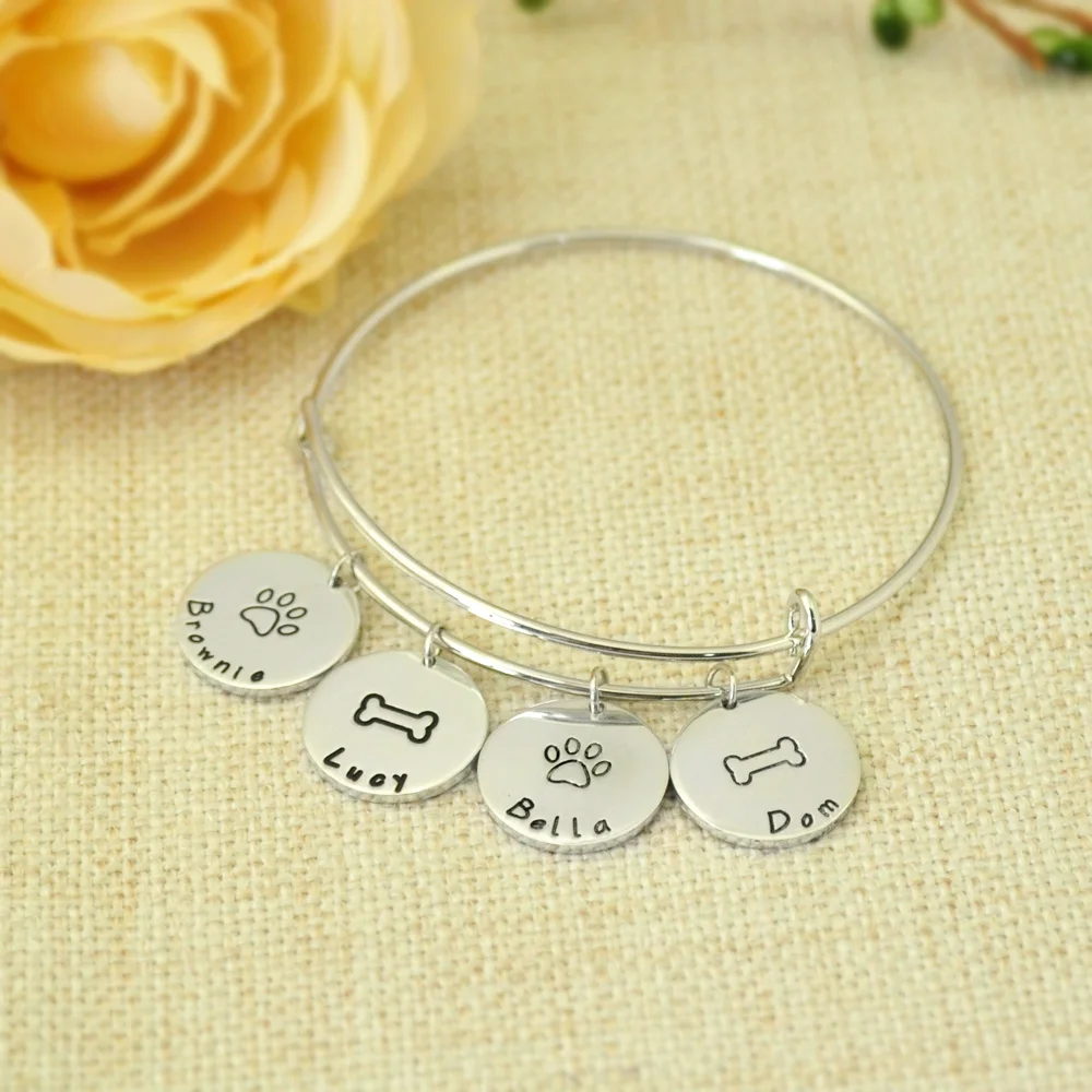 

Personalized Dog Paw Print Bangle Paw Print Charm Bracelet Dog Bone Bracelet Dog Mom Gift