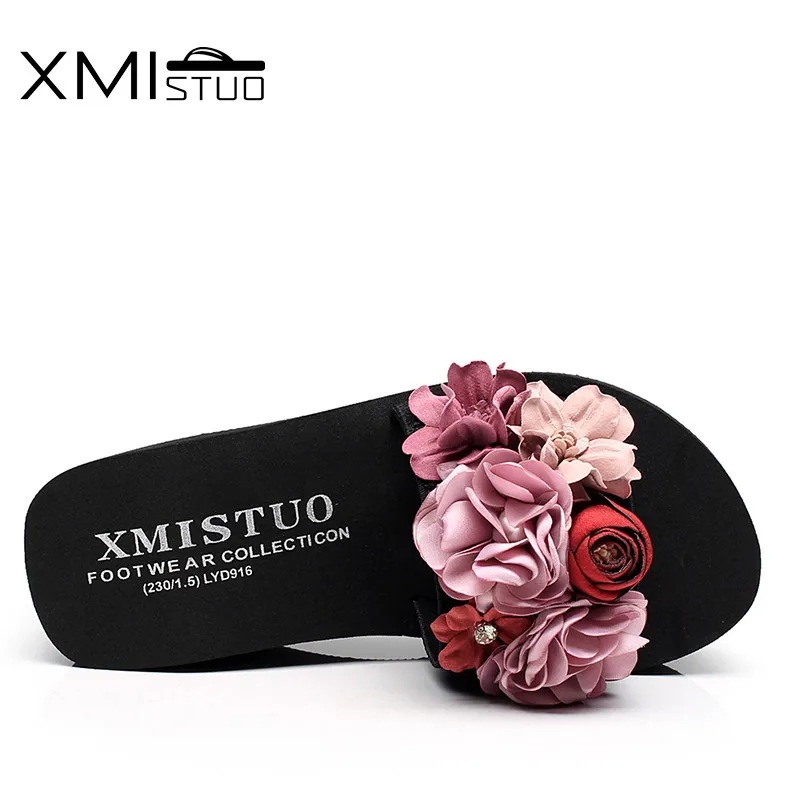 XMISTUO/женские шлепанцы с цветком; женские летние пляжные Шлёпанцы на танкетке; водонепроницаемые шлепанцы на высоком каблуке 7 см; 2 цвета; 7180W