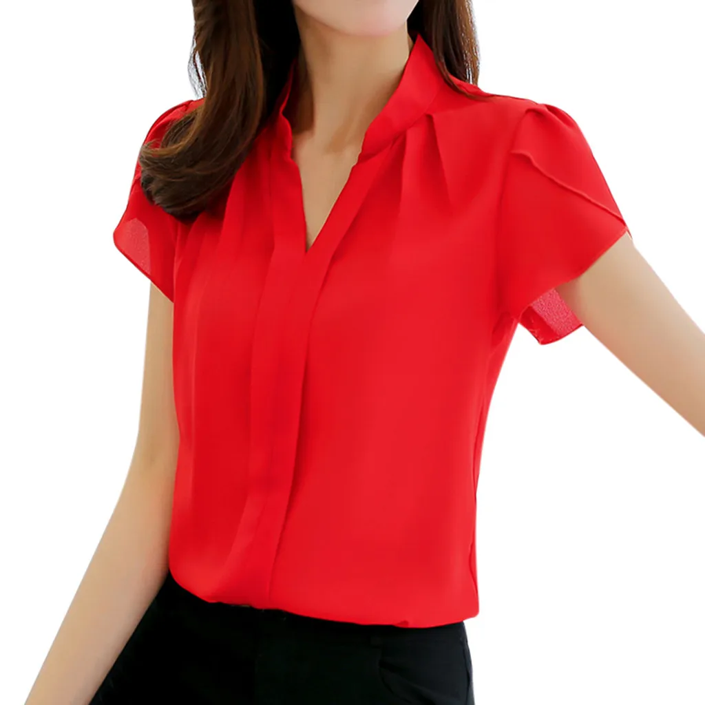 Women Chiffon Shirt2019 Women Summer Work Office V Neck Short Sleeve Solid Chiffon Blouse Plus Shirt Top