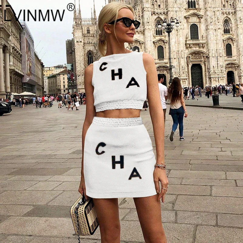

LVINMW Sexy Rib Knitted O Neck Letter Print Two Piece Set Off Shoulder Slim Crop Top High Waist Mini Skirts Female Streetwear