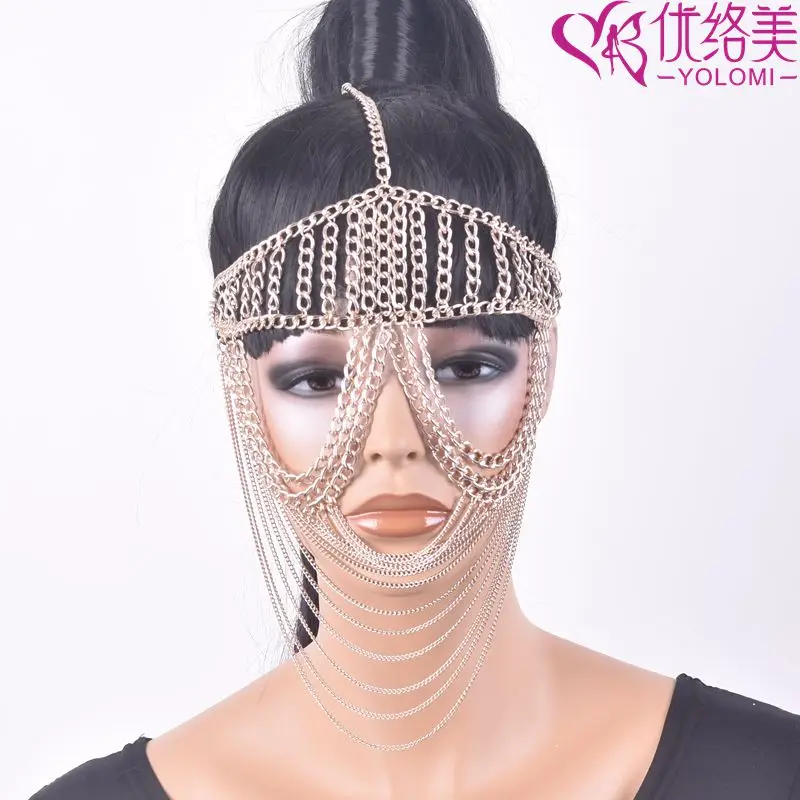 YOLOMI маска для лица, украшения для тела, сексуальная вуаль для лица, головной убор, многослойная металлическая цепочка на голову, головной убор, ювелирное изделие, повязка на голову