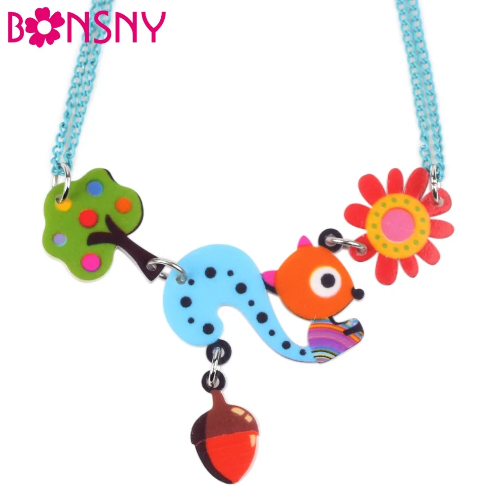 

Bonsny Acrylic Squirrel Flower Tree Necklace Pendant 2016 News Spring Summer Cute Animal Design Girls Woman Gift Fashion Jewelry