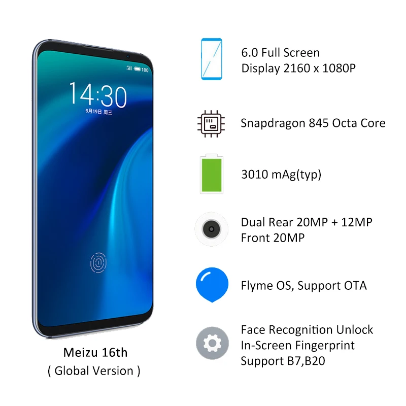 Телефон Meizu 16th официальная глобальная версия 8 Гб ОЗУ 128 ПЗУ Восьмиядерный
