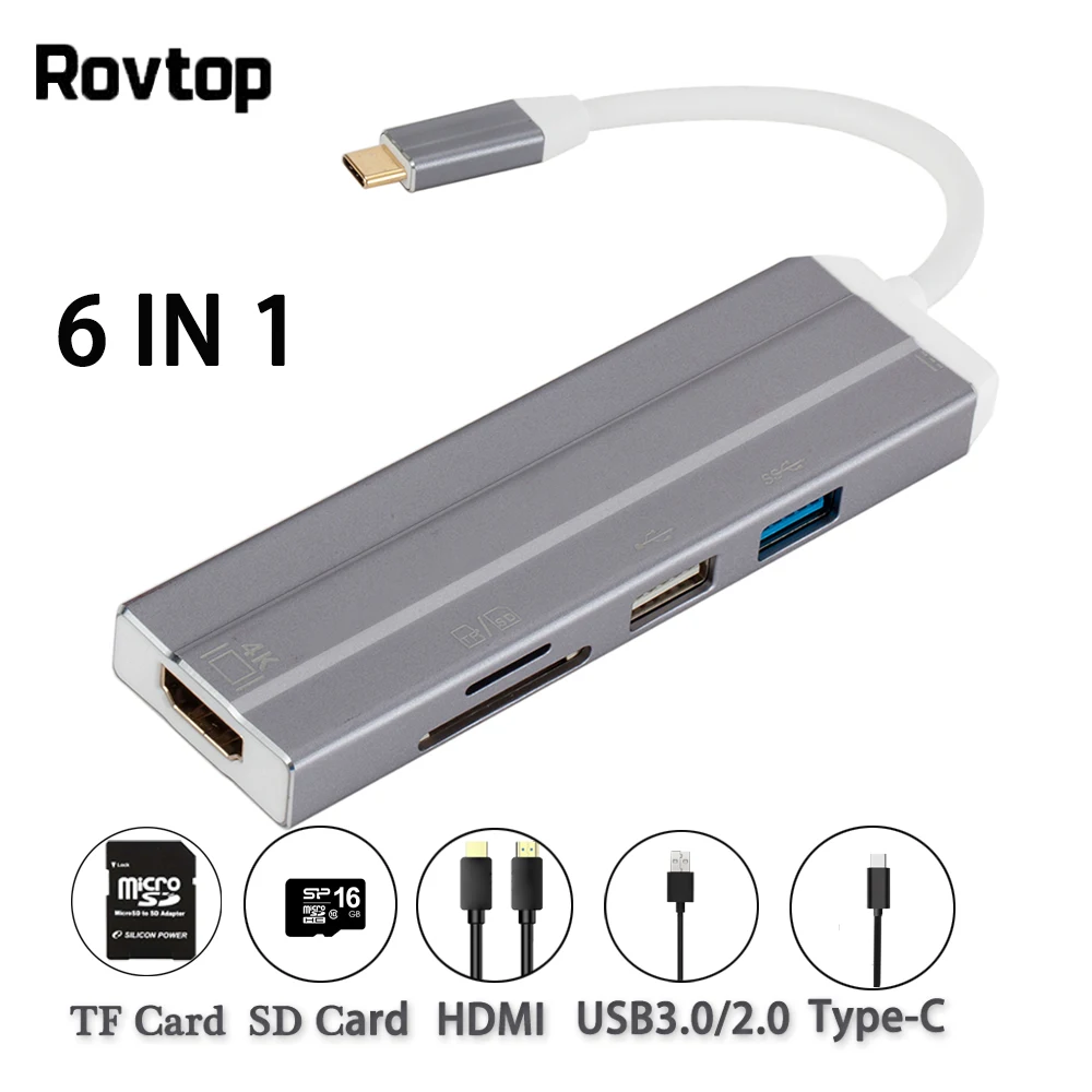 

HUB 6 in1 USB C to HDMI Adapter for MacBook Huawei Type C to USB 3.0 SD/TF Card Converter Hub Splitter Adapter for Samsung