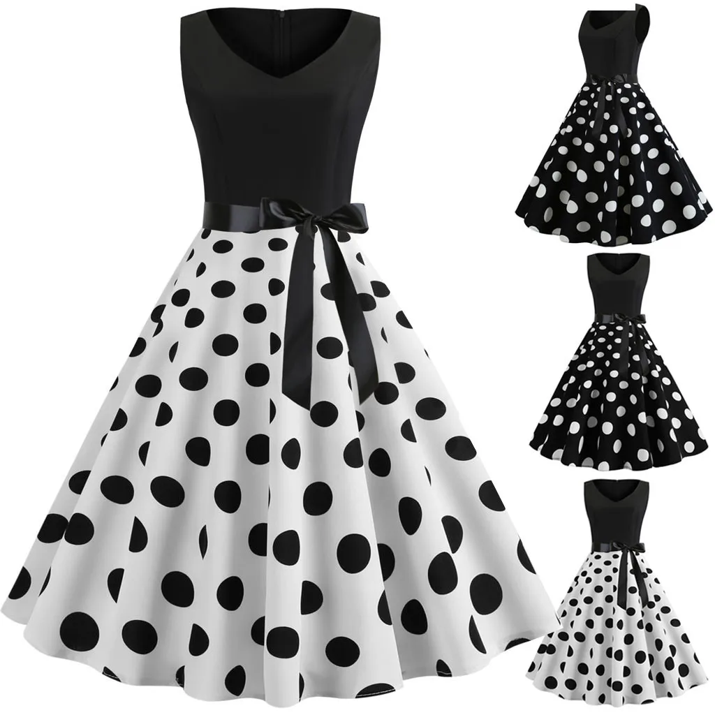 Women's Vintage Dress Sleeveless Dot Casual Evening Party Prom Swing maxi dress Long dresses woman party night vestidos 2019