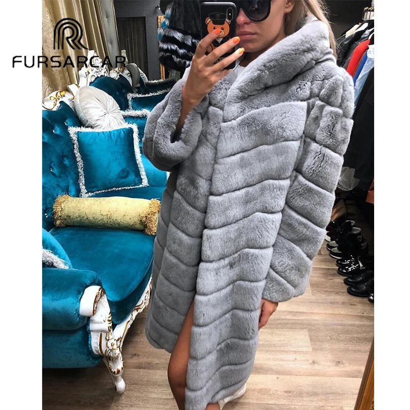 FURSARCAR Women Real Fur Coat 100 CM Long Winter Fashion New Rex Rabbit Fur Jacket With Fur Hood Thick Warm Rex Rabbit Fur Coat