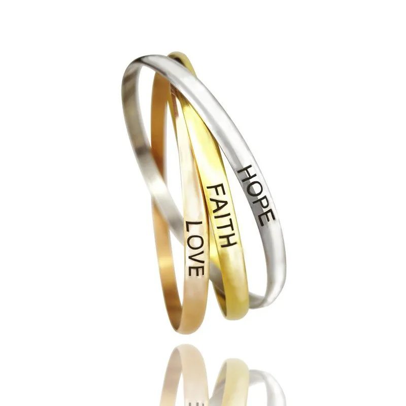 

3Pcs/lot New FAITH HOPE LOVE Stainless Steel Bangle Engraved Positive Inspirational Quote Cuff Mantra Bangles Bracelets Jewelry