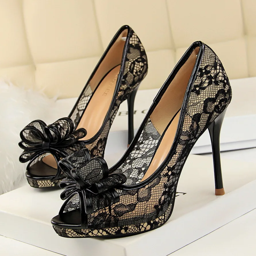 

POADISFOO Sexy Nightclub Lace women's Shoes Stiletto high-heeled Shallow Mouth Fish Mouth Hollow Mesh Bow Shoes PSDS-1867-2
