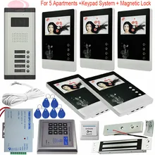 4.3” Video Intercom Door Phone 5 Monitors Doorbell Camera for 5 Family Apartment + RFID Access System With Electromagnetic Lock