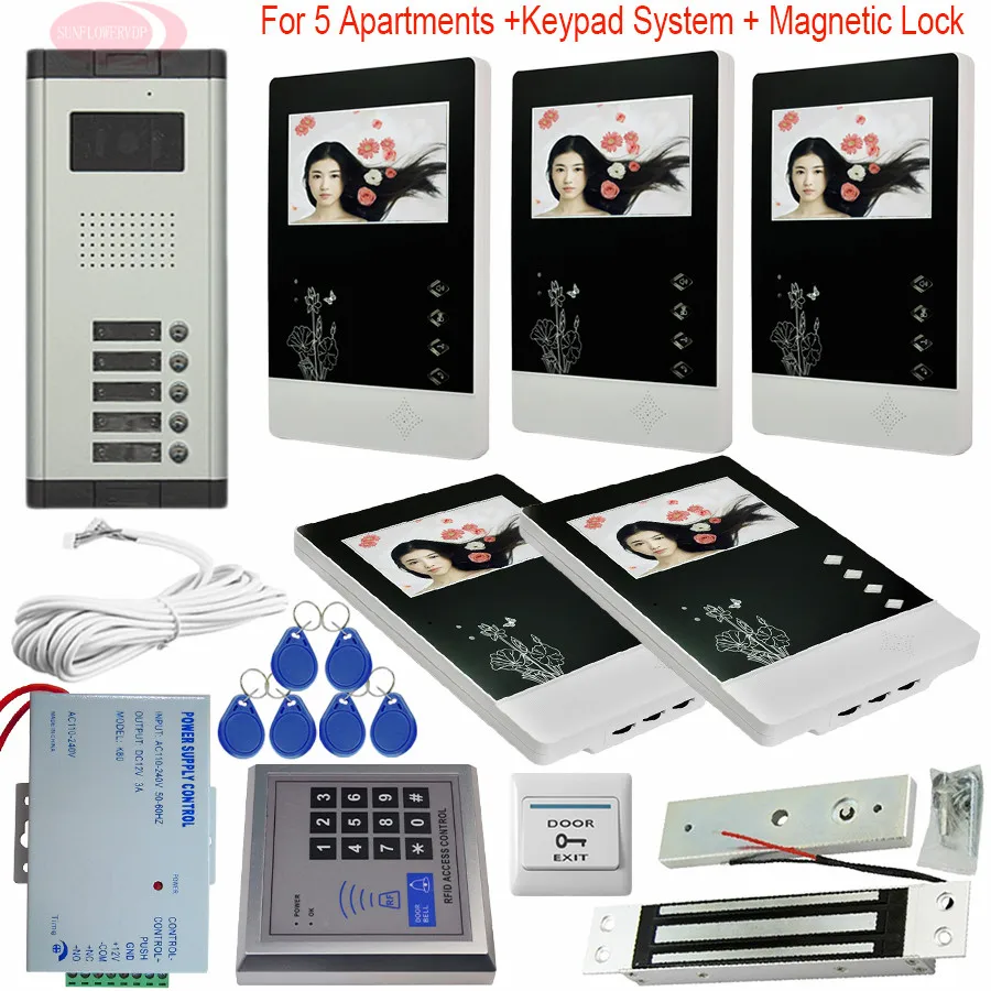 4.3'' Video Intercom Door Phone 5 Monitors Doorbell Camera for 5 Family Apartment + RFID Access System With Electromagnetic Lock 4.3'' Video Intercom Door Phone 5 Monitors Doorbell Camera for 5 Family Apartment + RFID Access System With Electromagnetic Lock