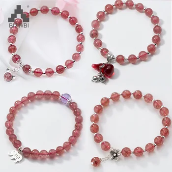 

Natural Strawberry Crystal Round Beads Bracelet Fashion Cute Flower Bear Elephant Lotus Gourd Charms Bracelets For Women Jewelry