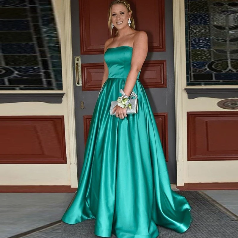

2019 New Long Evening Dresses with Pockets A-line Satin Beaded Party Gown Plus Size Prom Dresses Vestido de Festa