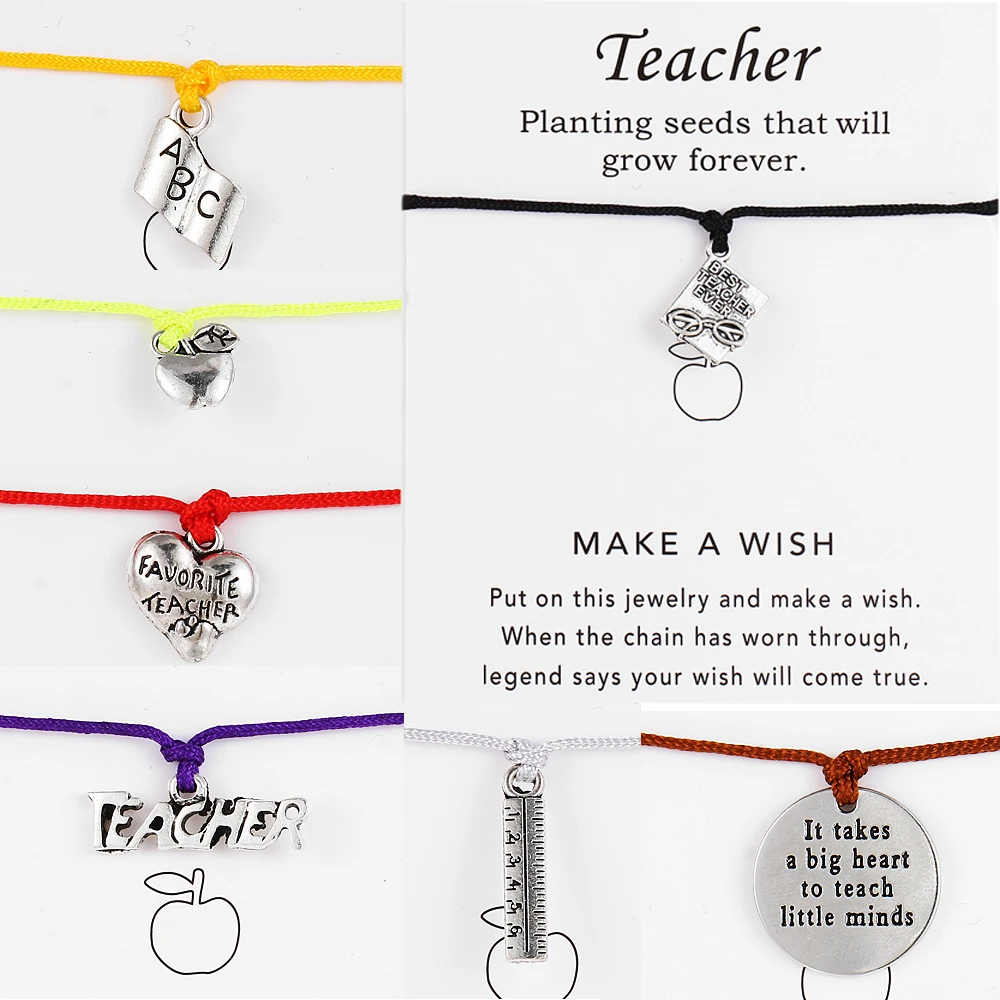 

1 pcs Love Heart Apple Ruler ABC Book Favorite Teacher Charms Bracelets Adjustable Wish Card Bracelets For Teacher's Day Gifts