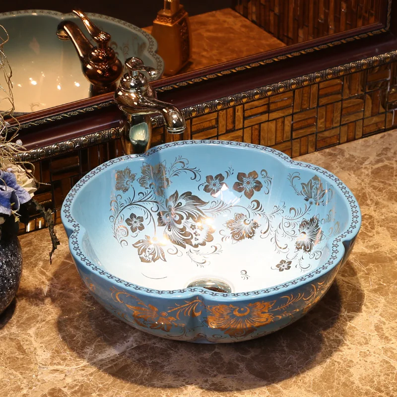 Europe Vintage Style Art wash basin Ceramic Counter Top Wash Basin Bathroom Sinks washing basin flower shape (5)