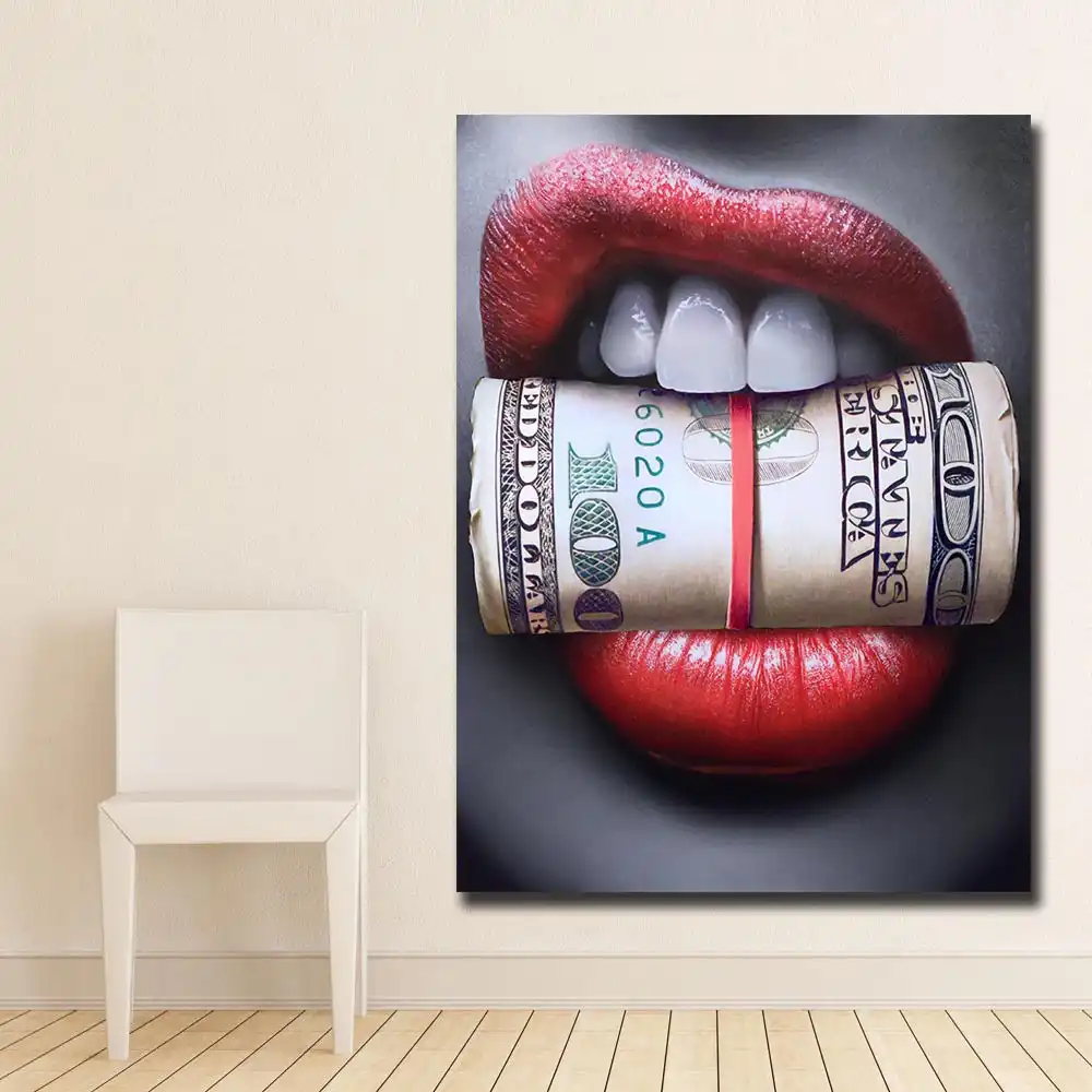 Fashion Large Size Wall Art Prints Posters Sexy Red Lips Mouth Money Modern Canvas Paintings For Living Room Decor Unframed - 