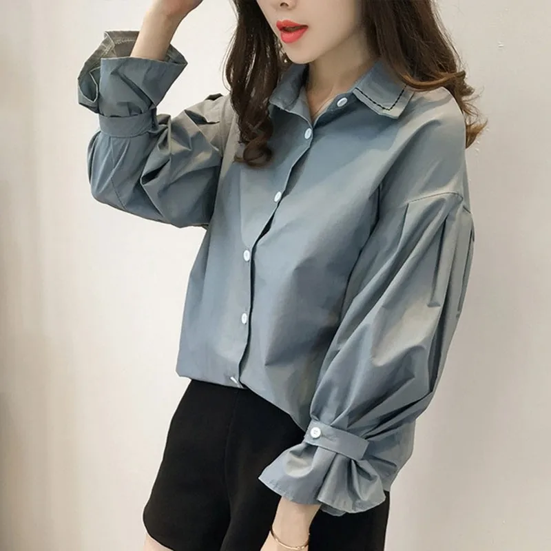 

Korean Style Plus Size Loose Turn-down Collar Long Sleeve Blouse mujer de moda 2019 Polyester vadim Solid shein blusas shirt