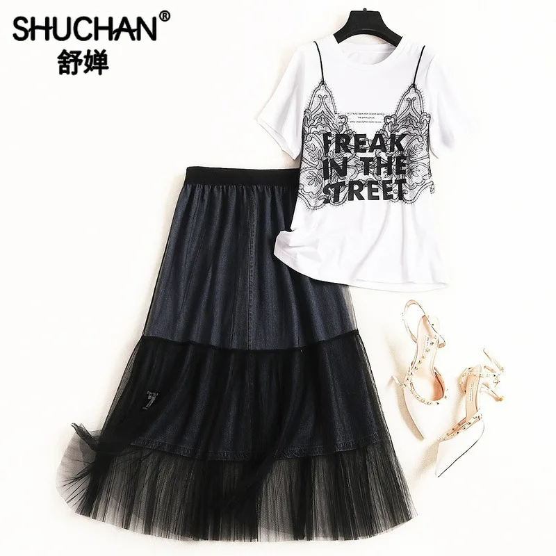

Shuchan Fashion Two Piece Set Female Costume Cottton Patchwork T-shirt+skirts Korean Style Women Suit 2019 Summer Clothing 51165