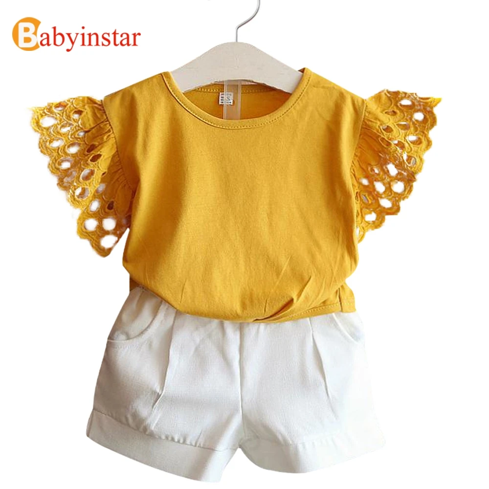 Babyinstar/Детский костюм для девочек летний детский комплект одежды футболка с полым
